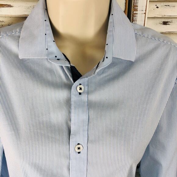 H&M Classic Light Blue Pinstripe Long Sleeve Button Front Shirt Navy Stripe Cuff - Picture 15 of 16